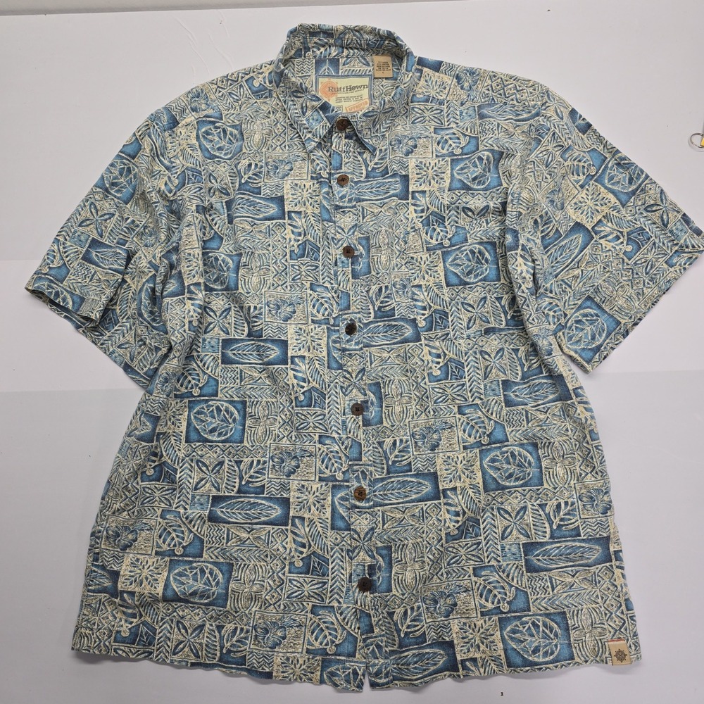 RuffHewn Mens Blue Linen Blend Tribal Geometric Aloha Hawaiian Shirt Large